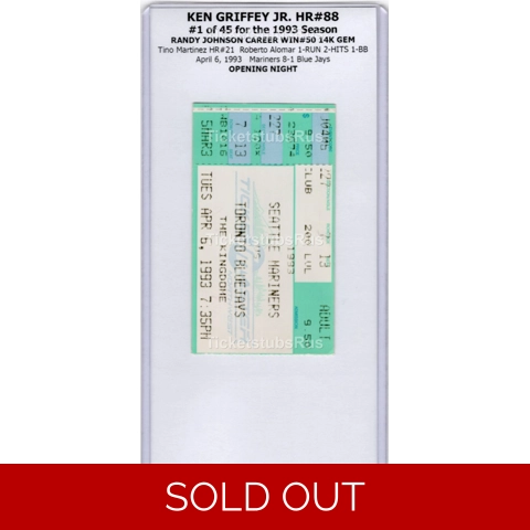 Ken Griffey Jr HR #88 OPENING NIGHT Mariners Blue Jays 4/6/1993 Ticket Stub